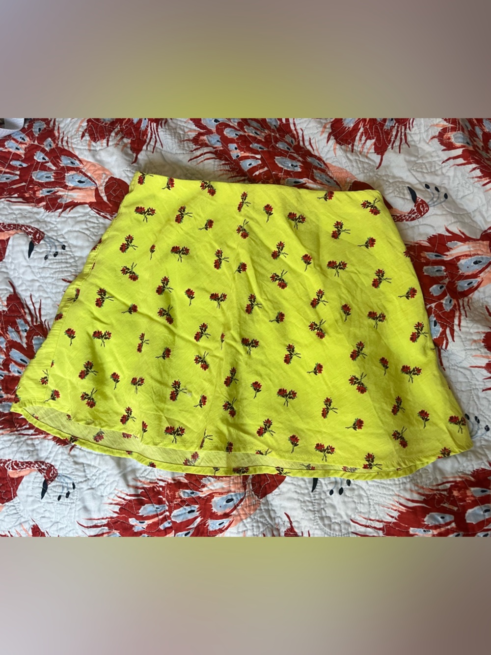 Urban Outfitters Neon Yellow Mini Skirt with Red Floral Accent